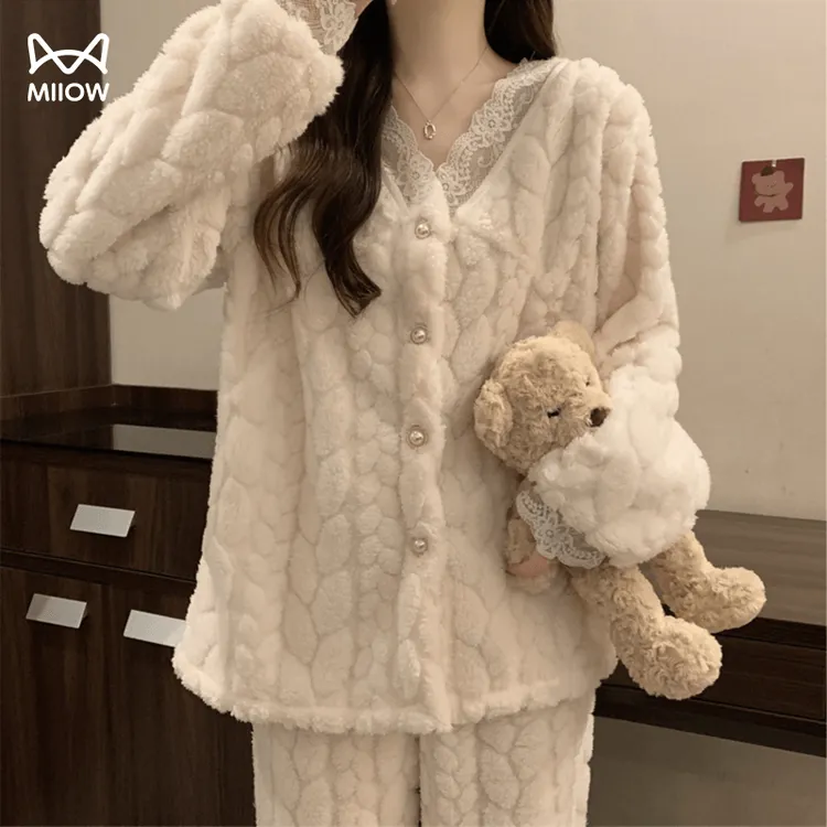 猫人睡衣女秋冬2025新款珊瑚绒加绒加厚蕾丝长袖法兰绒家居服套装