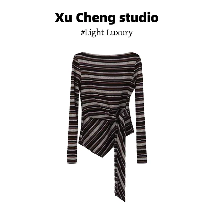 Xu Cheng独特漂亮小衫露肩长袖系带条纹上衣气质高腰显瘦半身裙