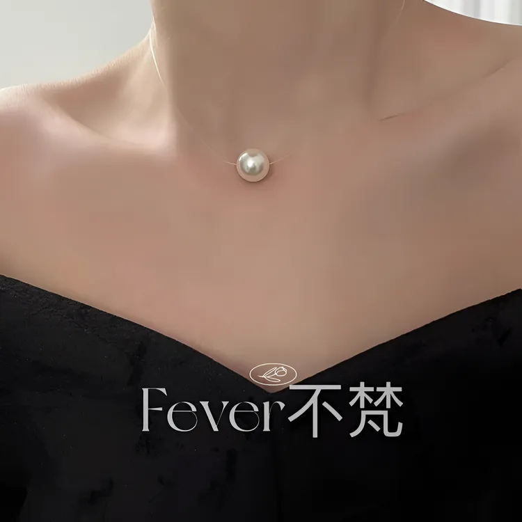 链子925银 S925纯银尾链人造珍珠隐形线人鱼之珠一颗珠锁骨链