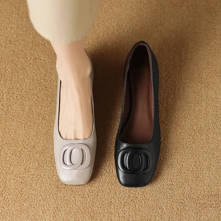 软羊皮低跟浅口单鞋3CM34-41码方头平底鞋奶奶鞋复古百搭真皮女鞋