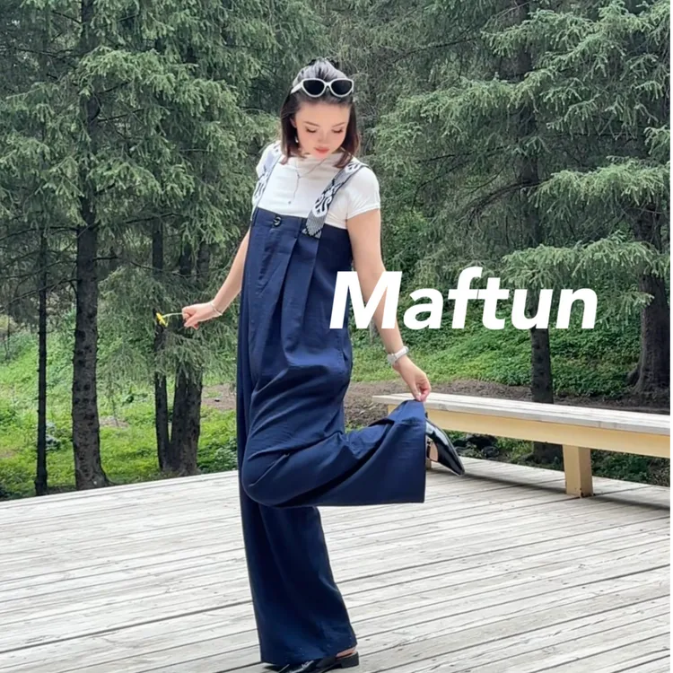 Maftun民族风工装背带裤夏季薄款休闲阔腿拖地裤慵懒松弛感裤子