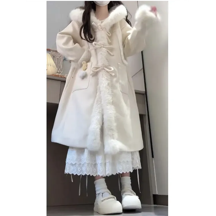 甜美毛毛拼接毛呢外套女秋冬季2025新款宽松长款连帽呢子大衣