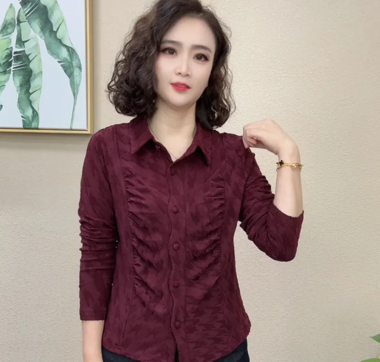 2025秋季新款长袖打底时尚翻领褶皱女修身女士上衣衬衫#451241