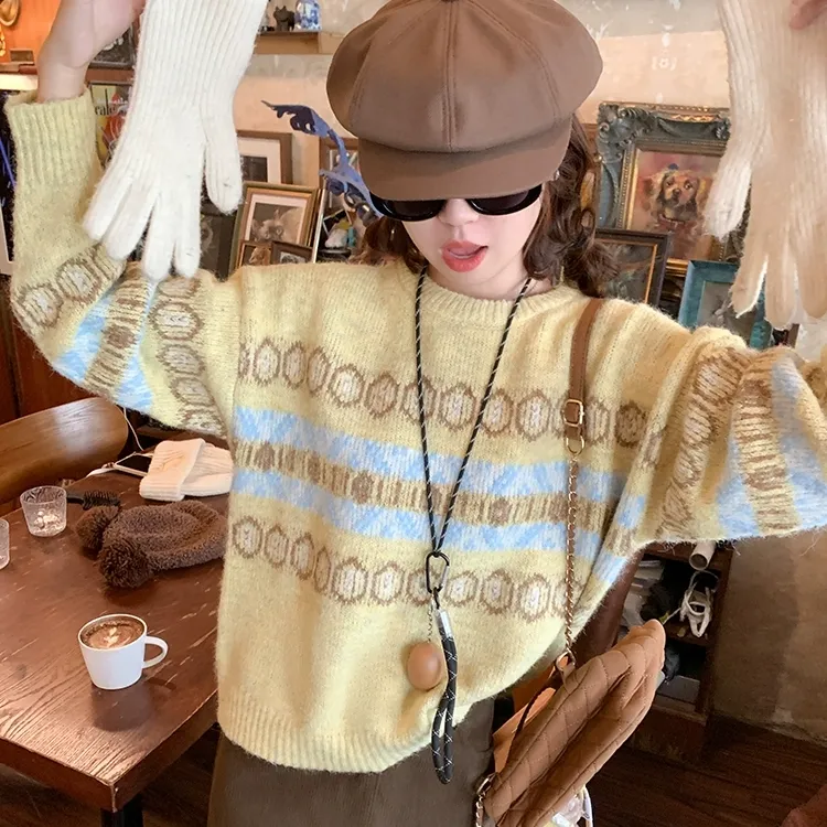 女长袖洋气毛针织衫加厚针织衫毛衣圆领撞色针织提花