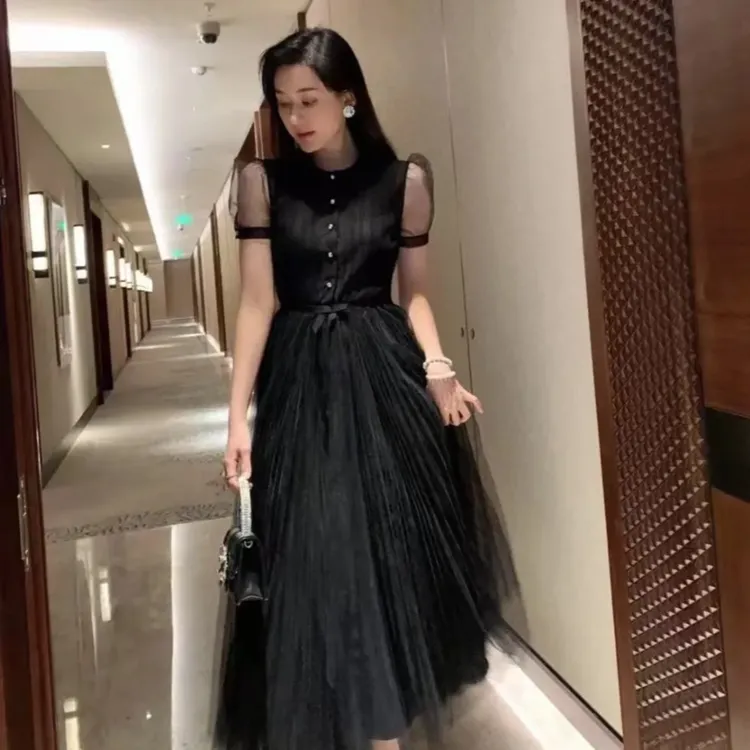 未使用 MIU MIU/缪缪 纽扣褶皱蝴蝶结A字短袖连衣裙