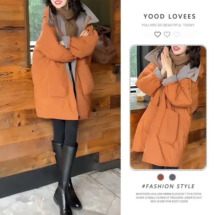 显白气质欧版中长款棉服外套女冬季新款大码宽松慵懒时尚棉衣袄子