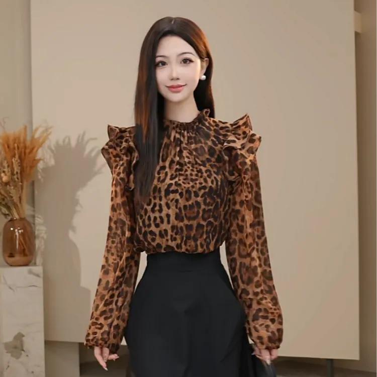 AMASS/阿玛施荷叶袖衬衣印花长袖上衣灯笼袖休闲女装衬衫5300912