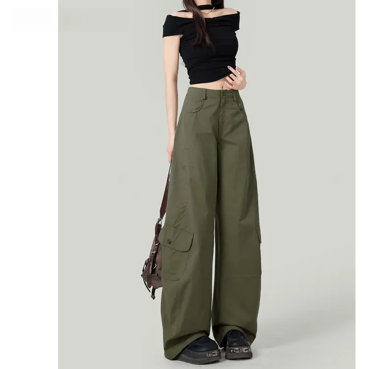 军绿色阔腿弯刀休闲裤女2025年夏季高腰宽松显瘦工装裤子