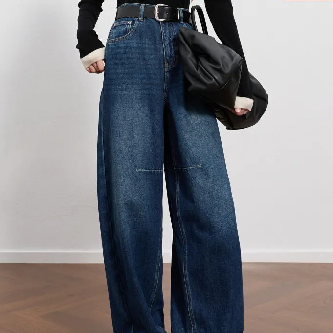 2025秋冬季新款时尚百搭洋气高腰牛仔裤休闲宽松香蕉镰刀阔腿长裤