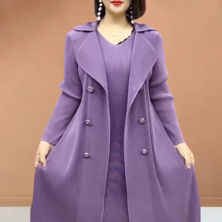 风衣裙外套女2025新款高级感廓形大翻领双排扣长款气质浅紫色大衣
