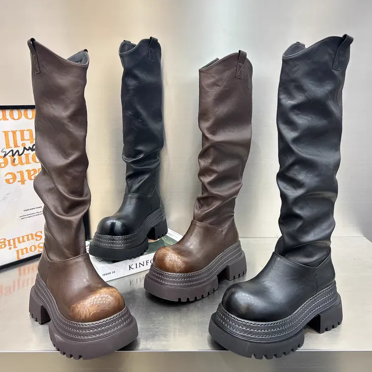 【8厘米】堆堆靴马丁靴辣妹风长筒靴机车靴小个子走秀款女鞋