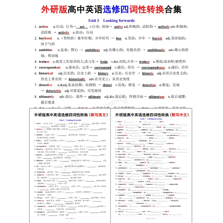 G576-【外研版高中英语选修四】词性转换合集背诵 默写PDF电子版