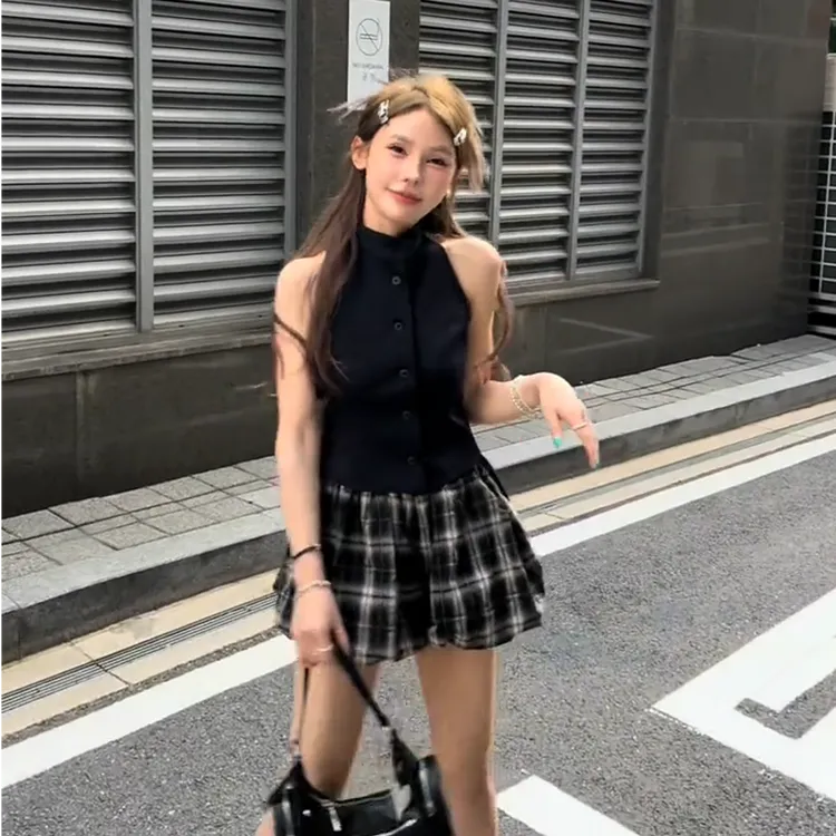 黑色修身短款背心吊带无袖上衣女夏季高腰格子半身裙辣妹两件套