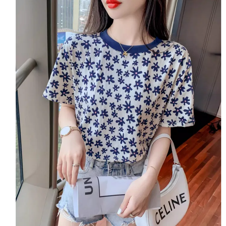 高品质欧货新款小清新碎花短袖t恤女夏百搭小众设计甜美上衣显瘦