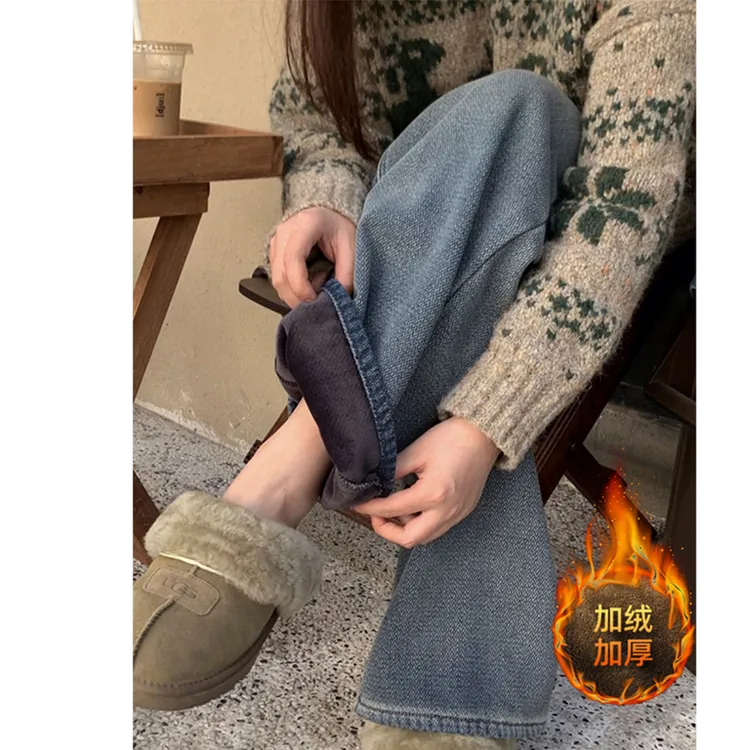 胖mm特大码星空纹设计加绒牛仔裤女美式小众宽松保暖加厚阔腿长裤