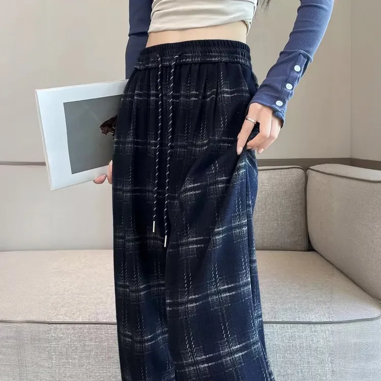 格子阔腿裤女春秋薄款高腰垂感休闲美式工装窄版宽松直筒运动裤子