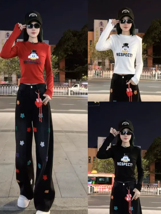 卡通鸭字母印花加绒动漫T恤女2025冬新款显瘦辣妹百搭ine打底衫