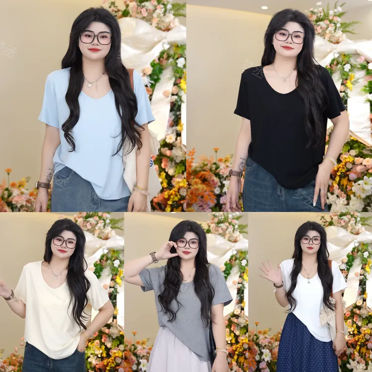 梦丞【奶黄包】大码女装纯色系舒适百搭T恤宽松显瘦休闲短袖上衣