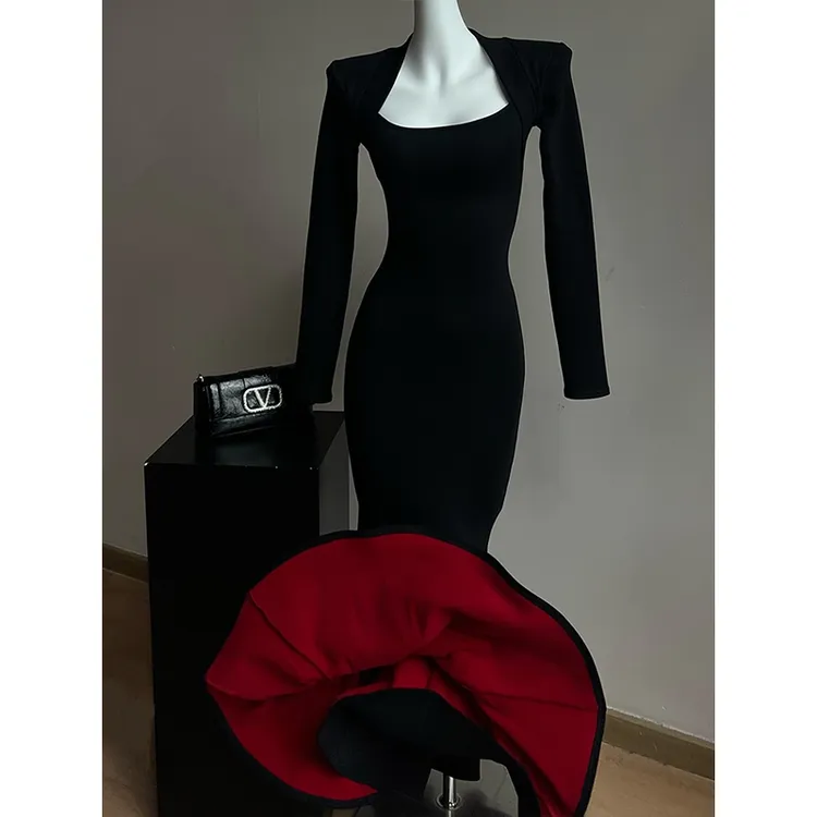 6-8米运补【红底步步生莲】秋冬方领步步生莲鱼尾新款气质性感长裙