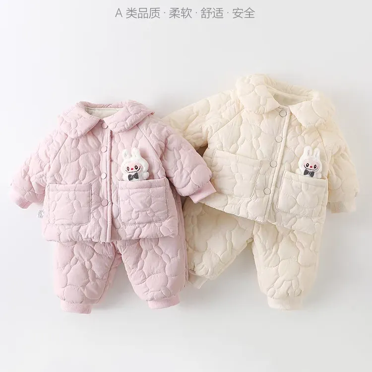 女童冬季套装男宝宝加绒加厚夹棉衣棉裤婴幼儿冬季保暖分体两件套