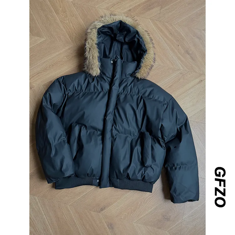 可拆卸帽子PU皮棉衣男毛领面包服冬装潮牌宽松高级感加厚棉服外套