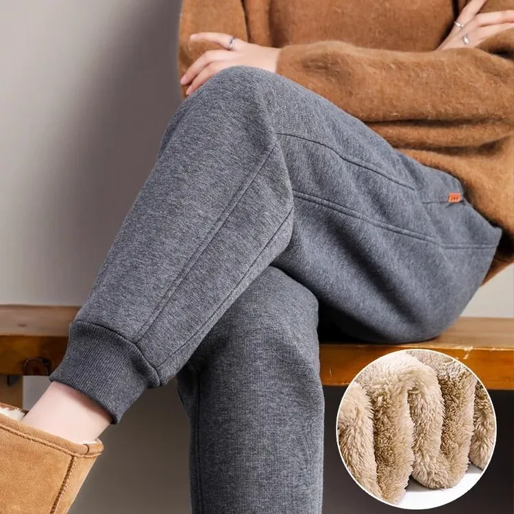 啄木鸟冬季新款羊羔绒束脚哈伦裤女加绒加厚保暖外穿休闲运动裤子