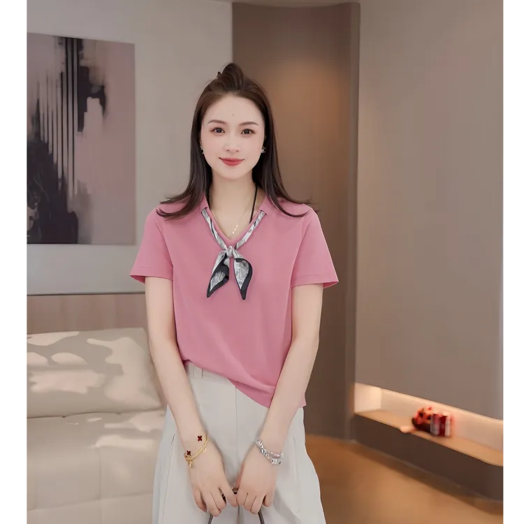 豆豆3【v领丝巾T】设计感轻薄T恤女夏季时尚显瘦上衣-DX1338