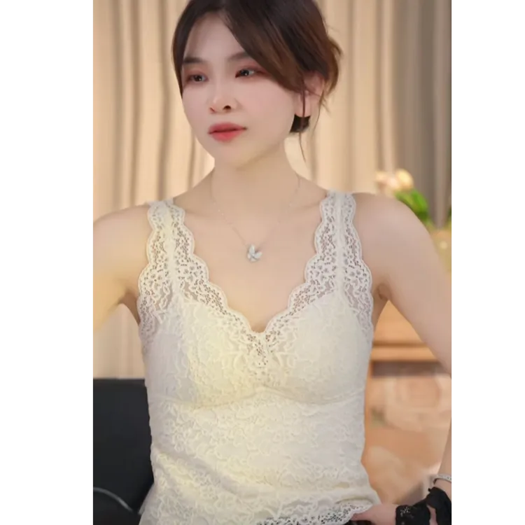 万络媞12595秋冬磨毛宽肩带长款蕾丝背心美背纯欲百搭吊带内衣