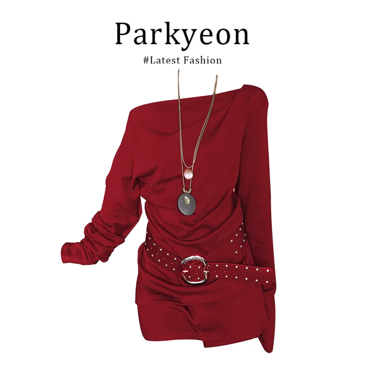 parkyeon辣妹风斜领露肩上衣女秋季小个子防走光短裤裙两件套装