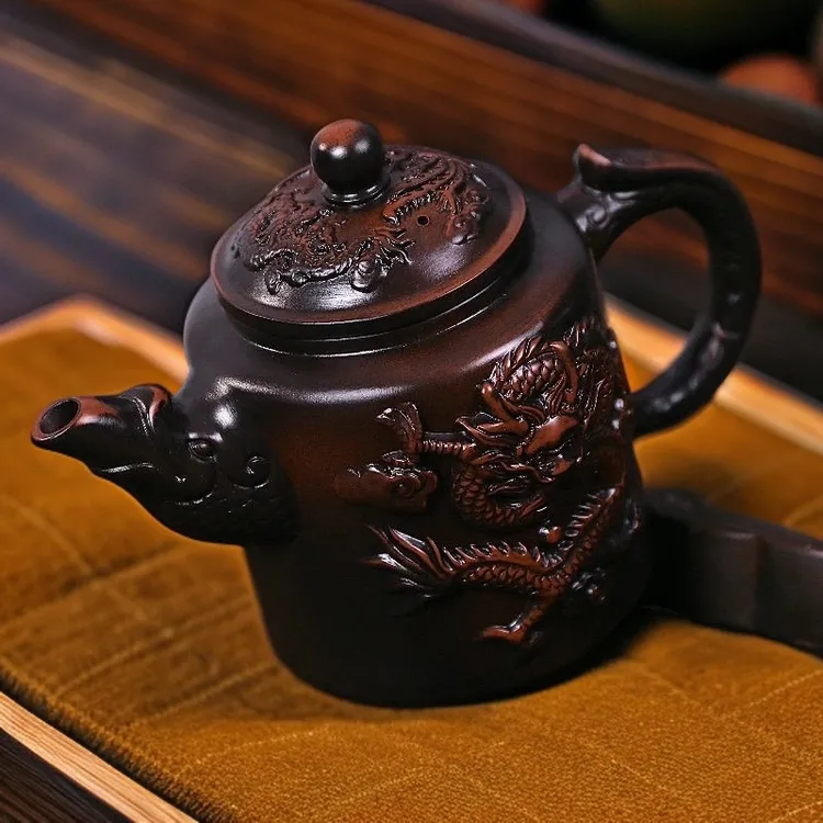 高定轻奢紫陶浮雕龙凤凤鸣壶大容量家用中式泡茶壶复古紫砂壶