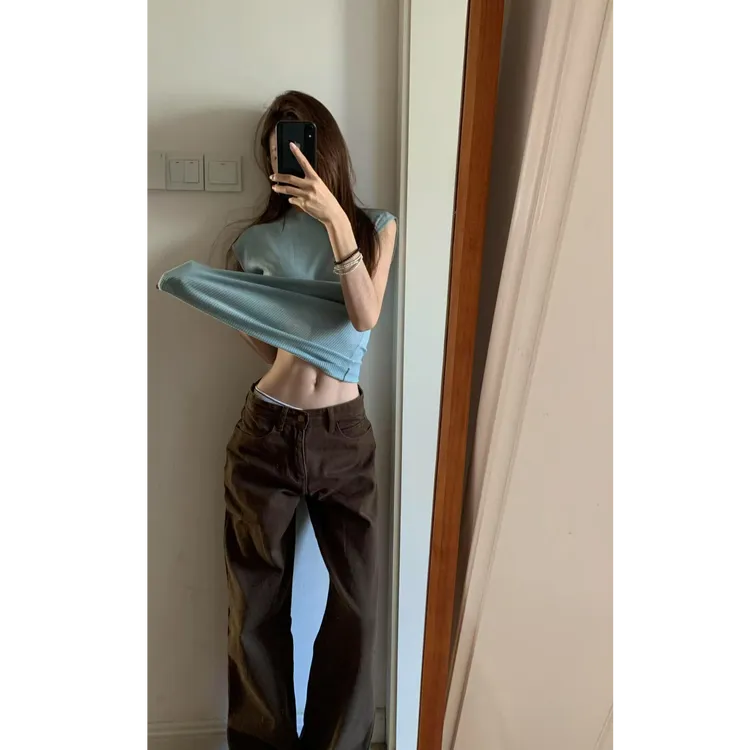 夏季高级感小高领针织t恤女甜辣收腰修身短袖打底衫衣加裤子套装