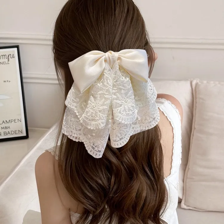 法式缎面蝴蝶结半扎发抓夹蕾丝裙摆马尾发夹女后脑勺小鲨鱼夹头饰