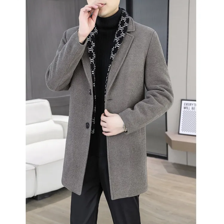 2025秋冬新款呢子大衣男士中长款加厚围巾韩版时尚羽绒风衣毛呢