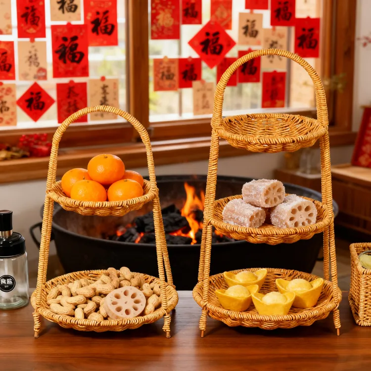 【非遗手编】围炉煮茶新年网红多层编织果盘围炉煮茶干果盘