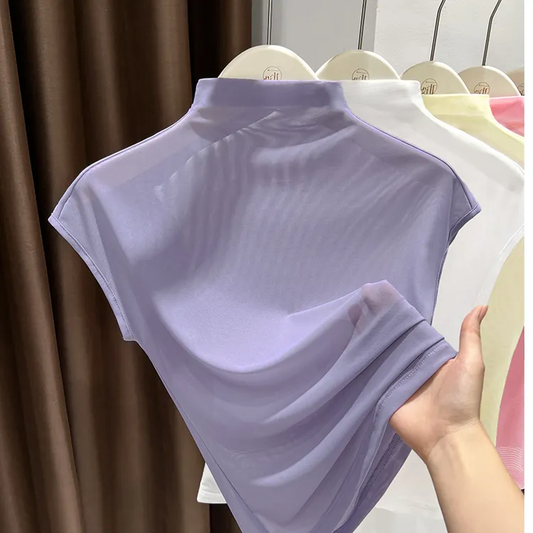 紫色冰丝修身打底衫女夏季2025新款爆款半高领微透网纱飞飞袖上衣