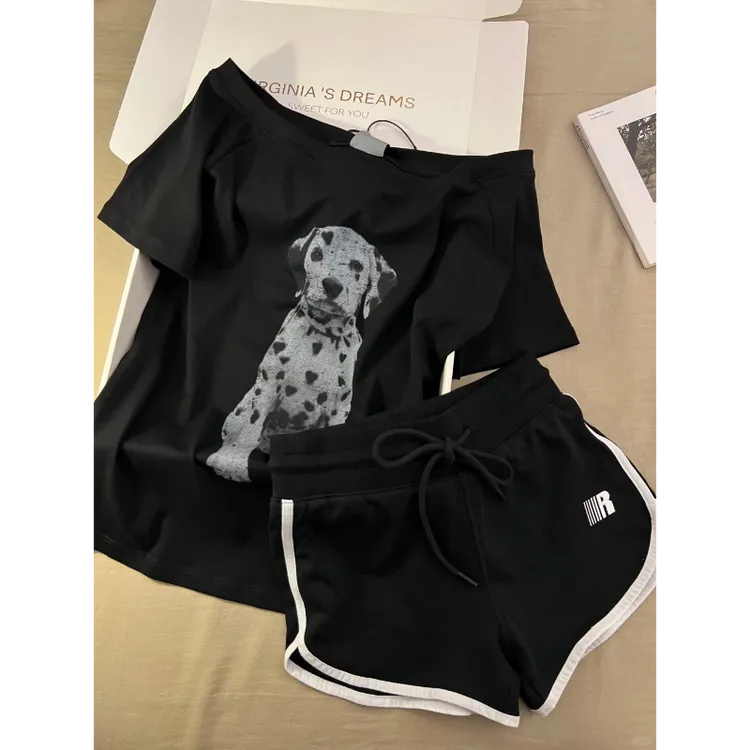 纯欲风可爱黑色小狗短袖睡衣女夏季新款短裤套装大码可外穿家居服