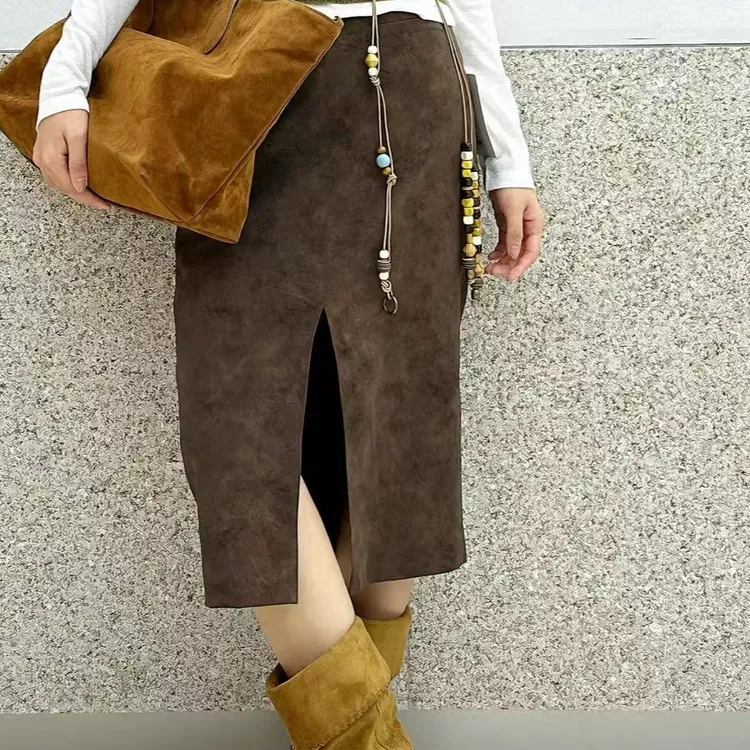 JING2025半裙秋季2542高腰半身裙显瘦时尚后开叉半裙气质中长款