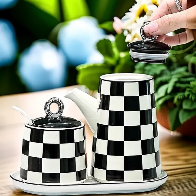 北欧风棋盘格调料罐子套装陶瓷家用盐罐辣子油罐 醋罐 厨房调料罐