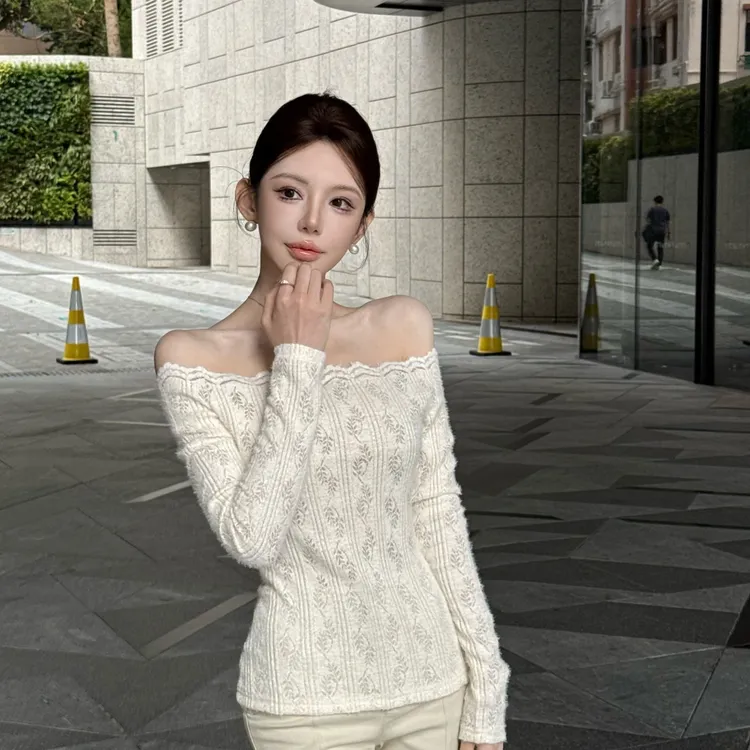 “高知御姐”ins风气质一字领修身蕾丝上衣