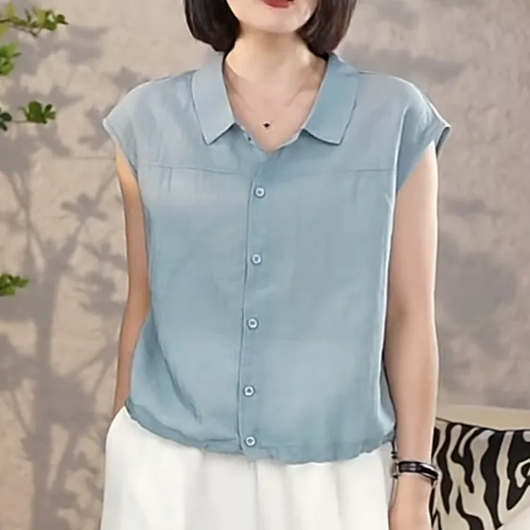 2025夏季新款天丝麻衬衫领纯色设计感薄款舒适短袖衬衣女上衣