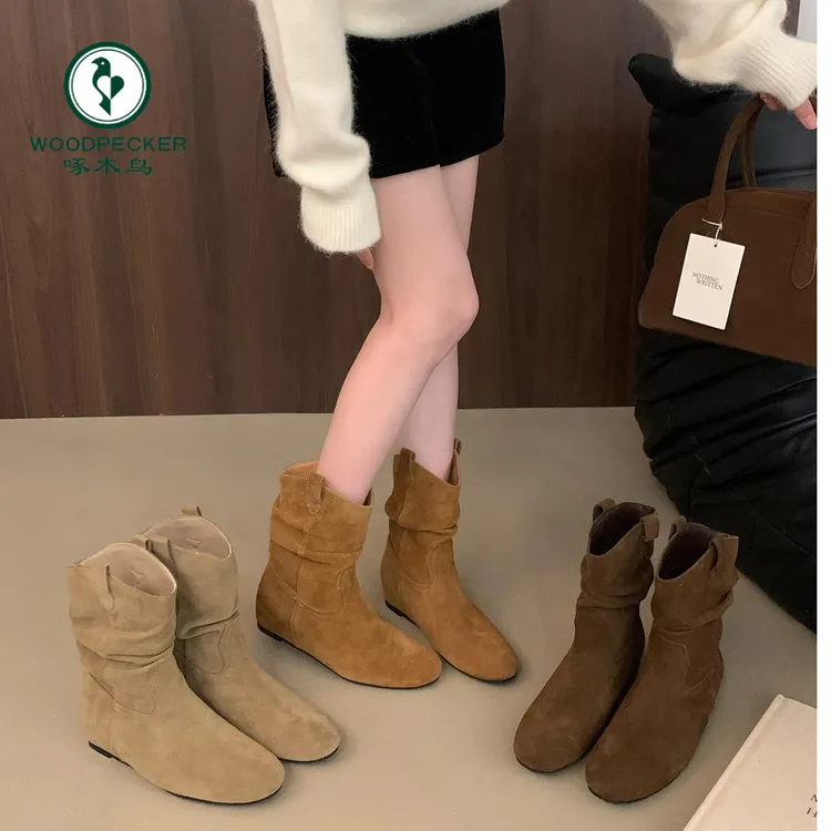 啄木鸟内增高勃肯鞋短靴女2025秋冬新款秋冬法式复古堆堆靴骑士靴
