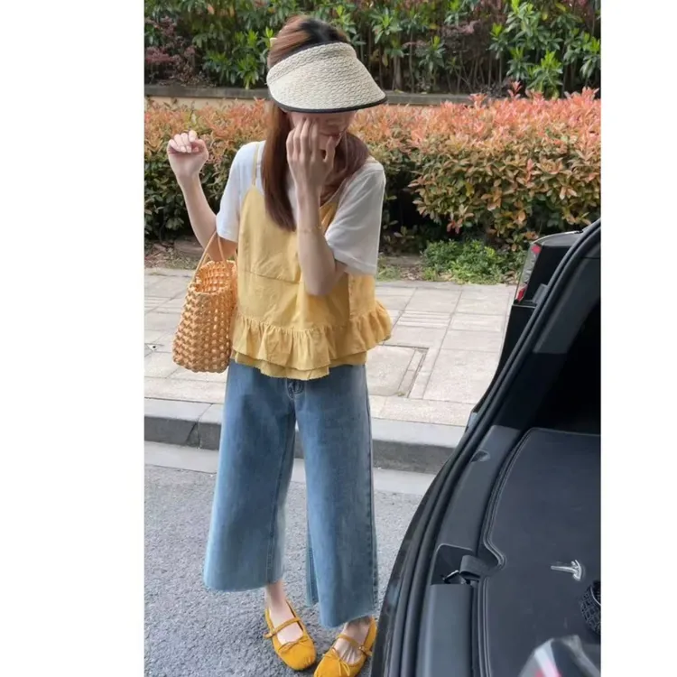 【现货】夏季时尚一整套女装2025新款简约T恤吊带上衣牛仔裤三件套