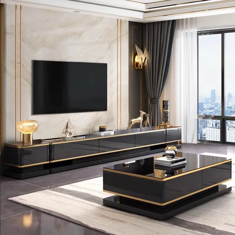 轻奢茶几电视柜组合现代简约黑金色烤漆意式极简大小户型送装一体