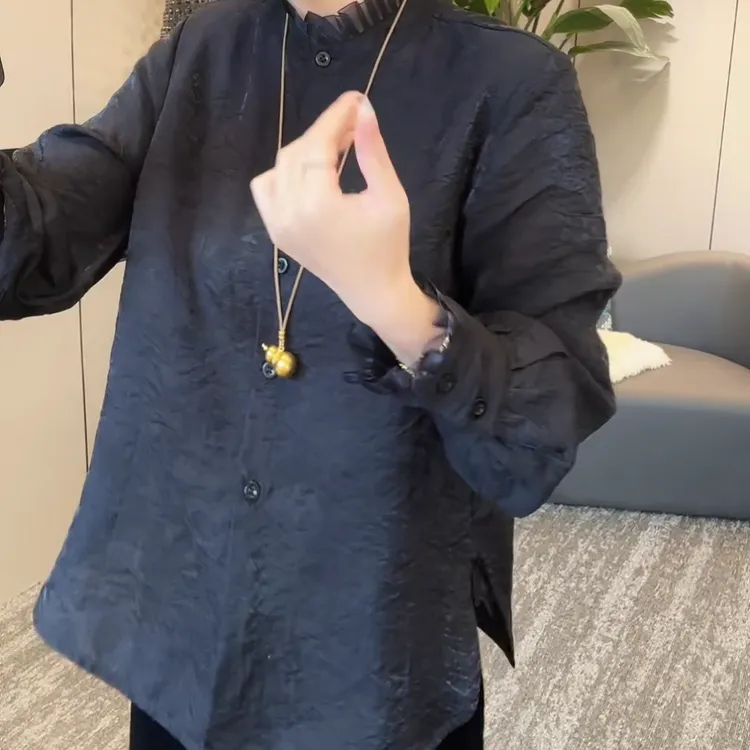 早秋新款气质百搭设计衬衣浮光精致褶皱花边领微喇长袖衬衫C5967