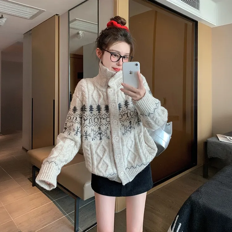 韩系氛围感穿搭复古提花毛衣外套女2025秋冬季新款慵懒风针织开衫