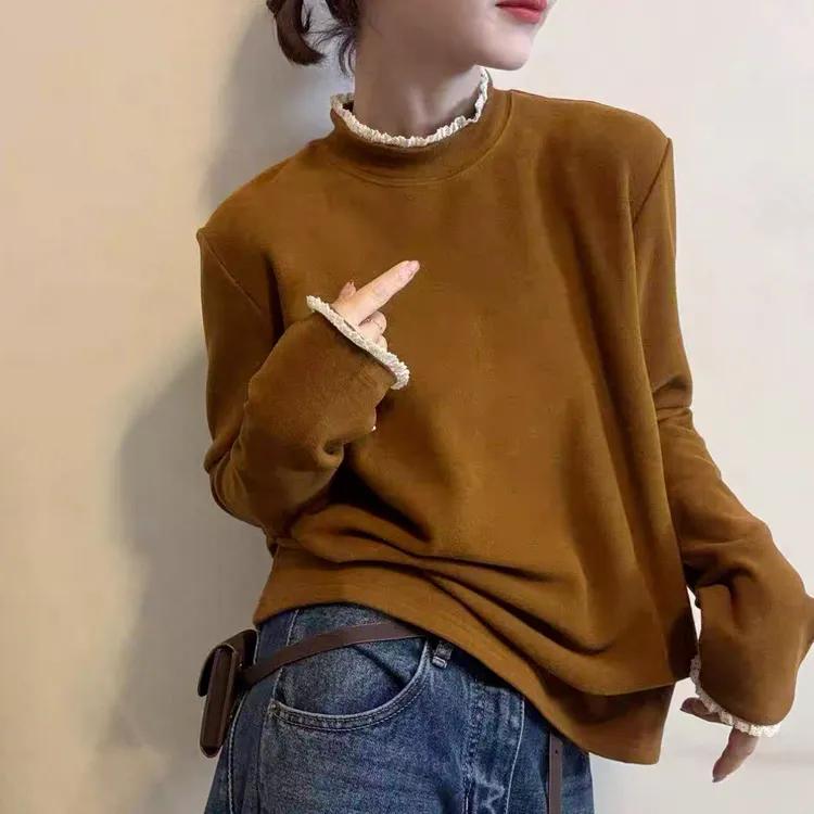 花边双面德绒设计感拼接上衣百搭洋气休闲宽松慵懒风松弛感卫衣