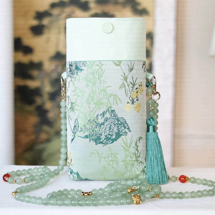 【春和景明】新中式珠链手机包复古包拼色单肩斜挎包随身轻便携包