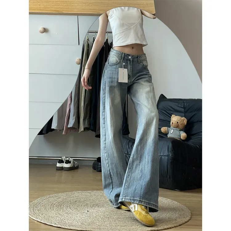 美式复古水洗弯刀阔腿牛仔裤女秋季高腰垂感宽松百搭显瘦拖地长裤