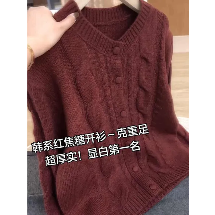 欧货复古红色麻花针织开衫女2026爆款长袖圆领显瘦高级感毛衣外套