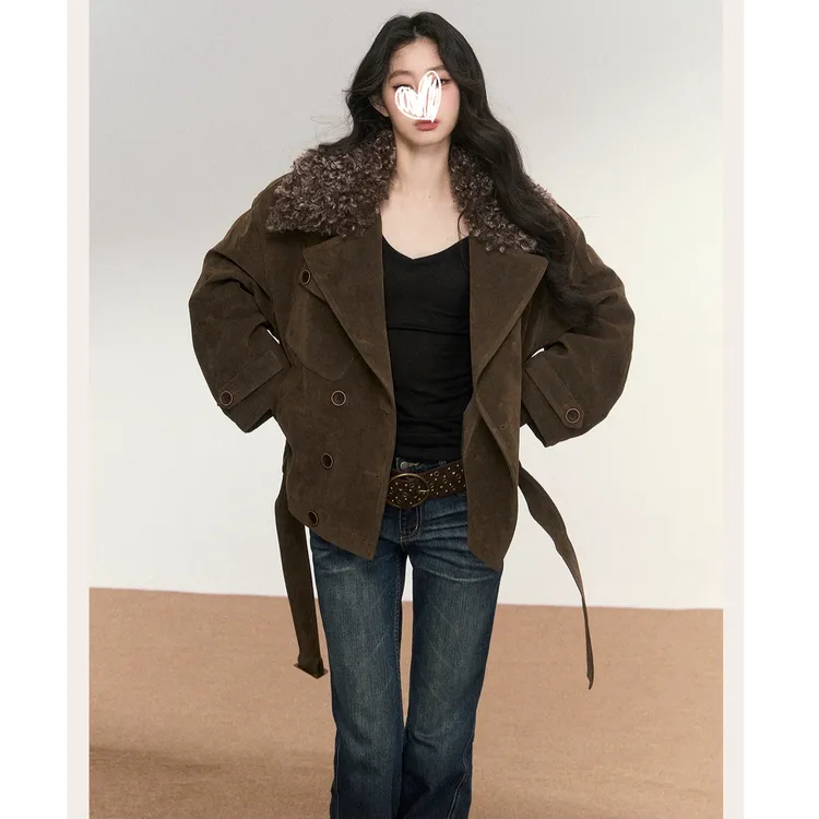 25年新款巴恩风麂皮可拆卸毛领棉服外套大衣